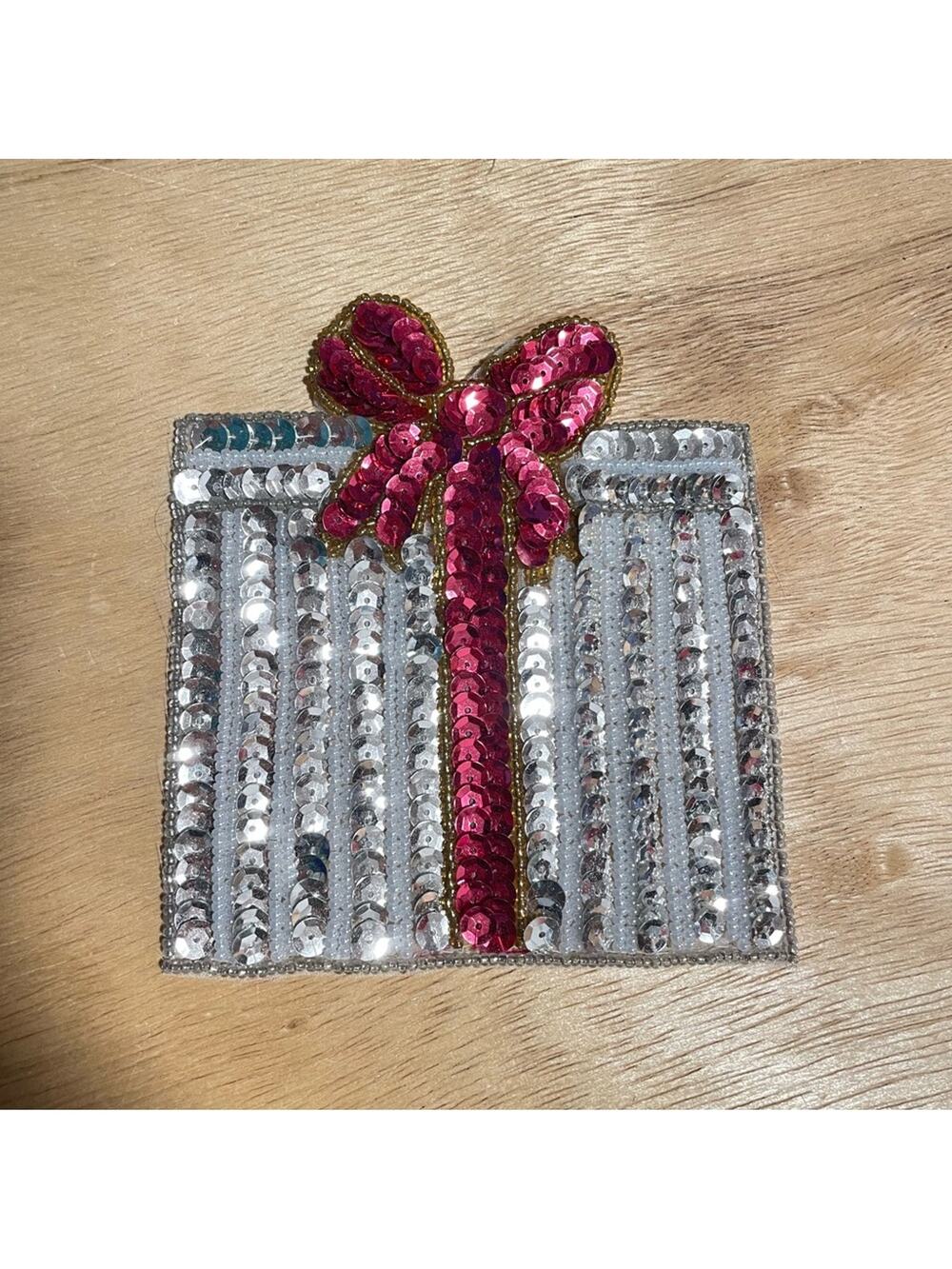 Sequin Gift Box Brooch Present Pink and Silver